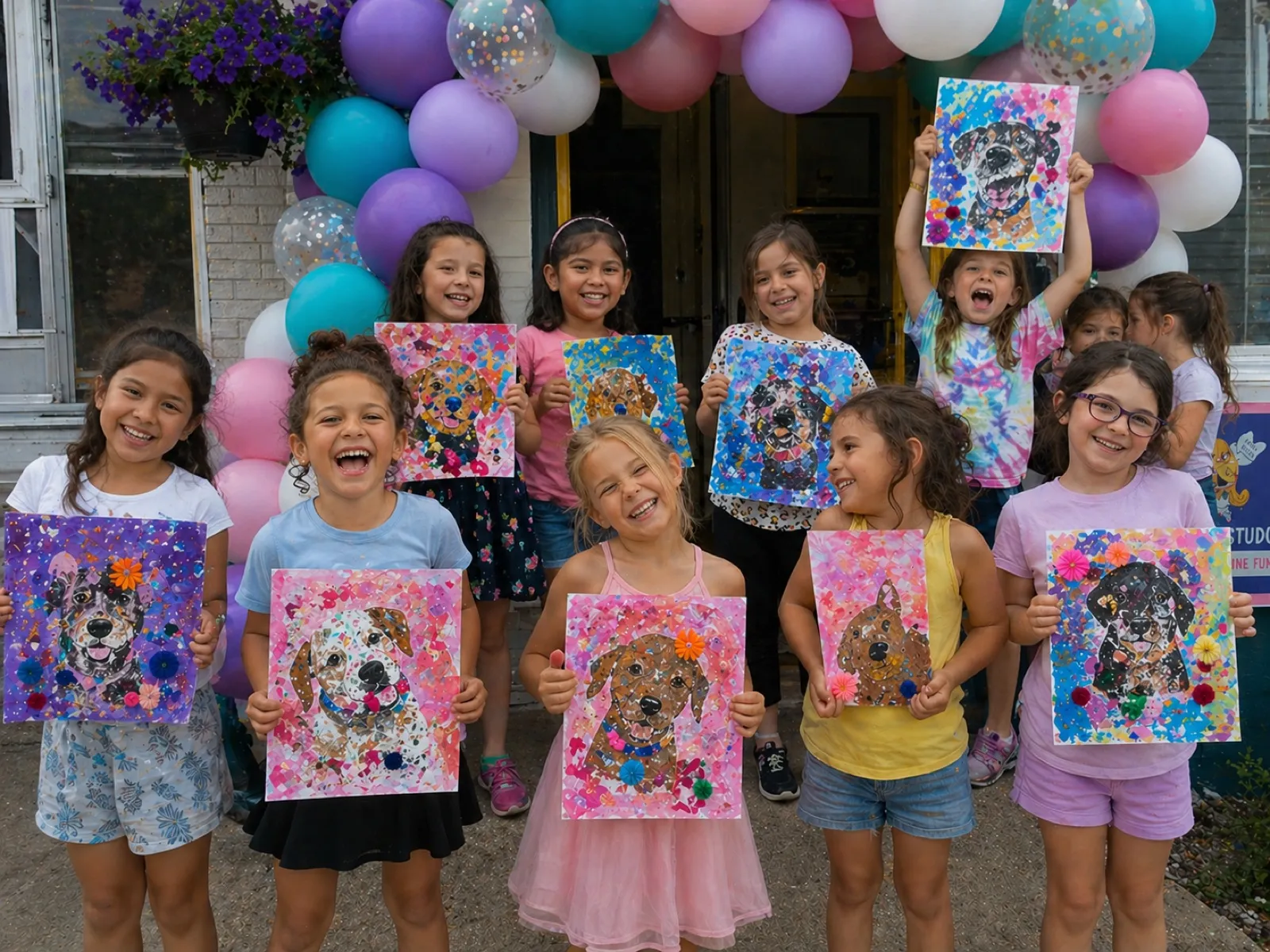 Girls under a balloon arch holding up the flower-mosaic dog portraits they painted at an art birthday party