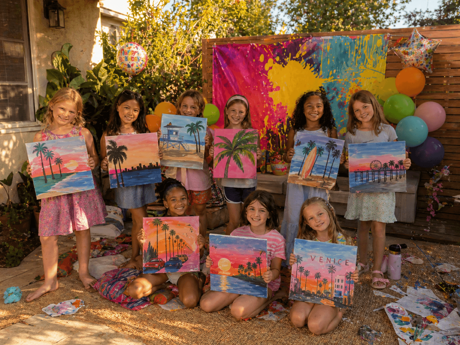 A group of coworkers smiling together at an office art party with handmade paper crafts