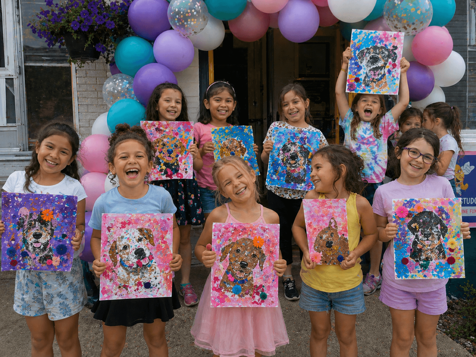 Group of girls under a balloon arch holding flower-mosaic dog portrait paintings