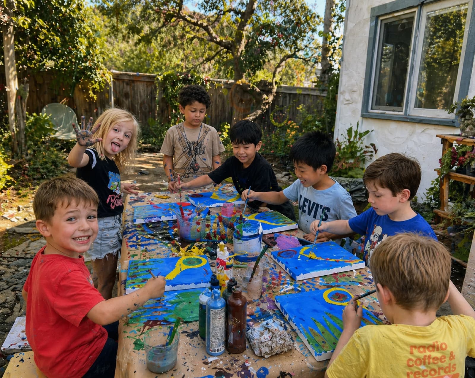 Group of boys laughing around a backyard table with finished blue and yellow canvases