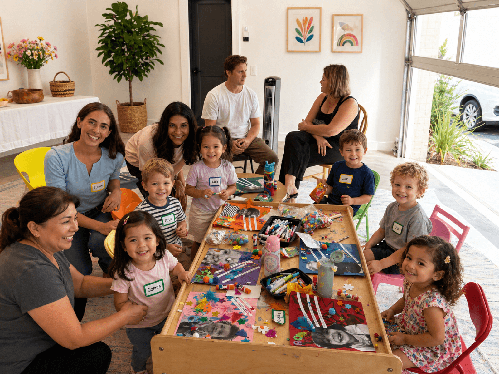 Toddlers and parents gathered around a craft table at a mommy and me class
