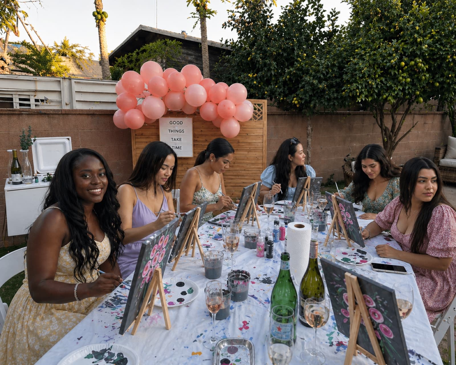 Women painting flower portraits at a sunset backyard paint and sip with pink balloon arch