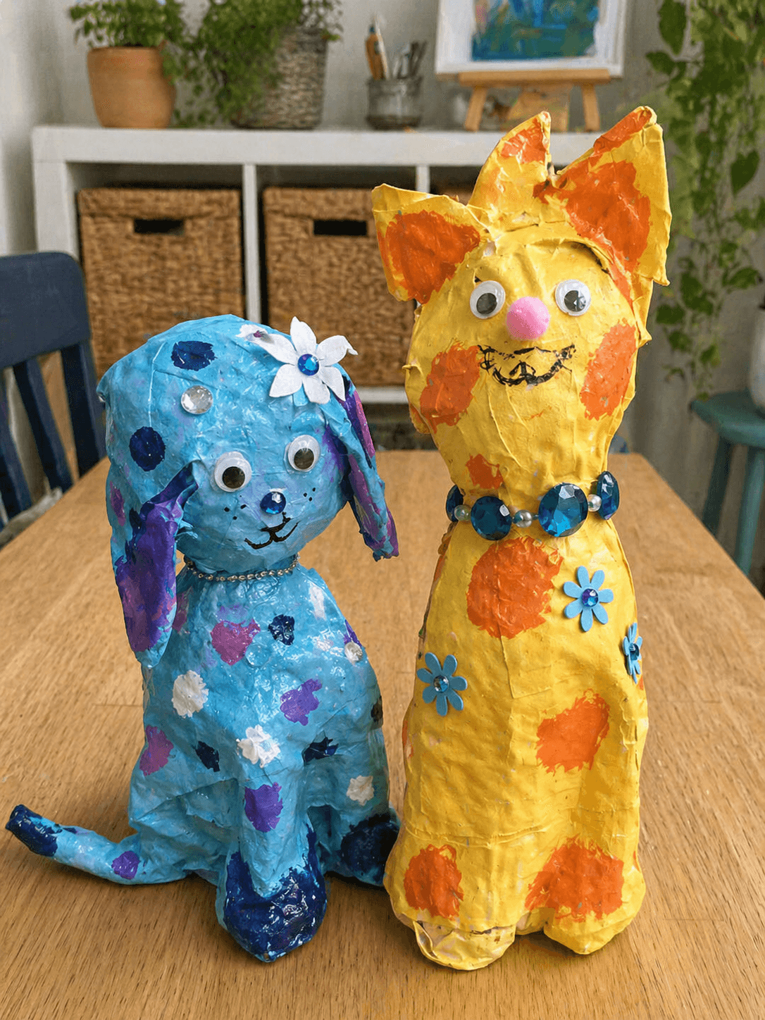 Hand-sculpted papier-mâché dog and cat painted in bright colors